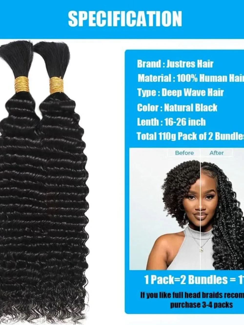 Justres Human Hair Deep Wave Braiding Hair